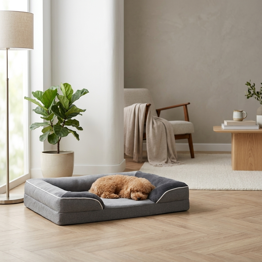 Grey pet sofa bed with a small dog asleep in a calm living room