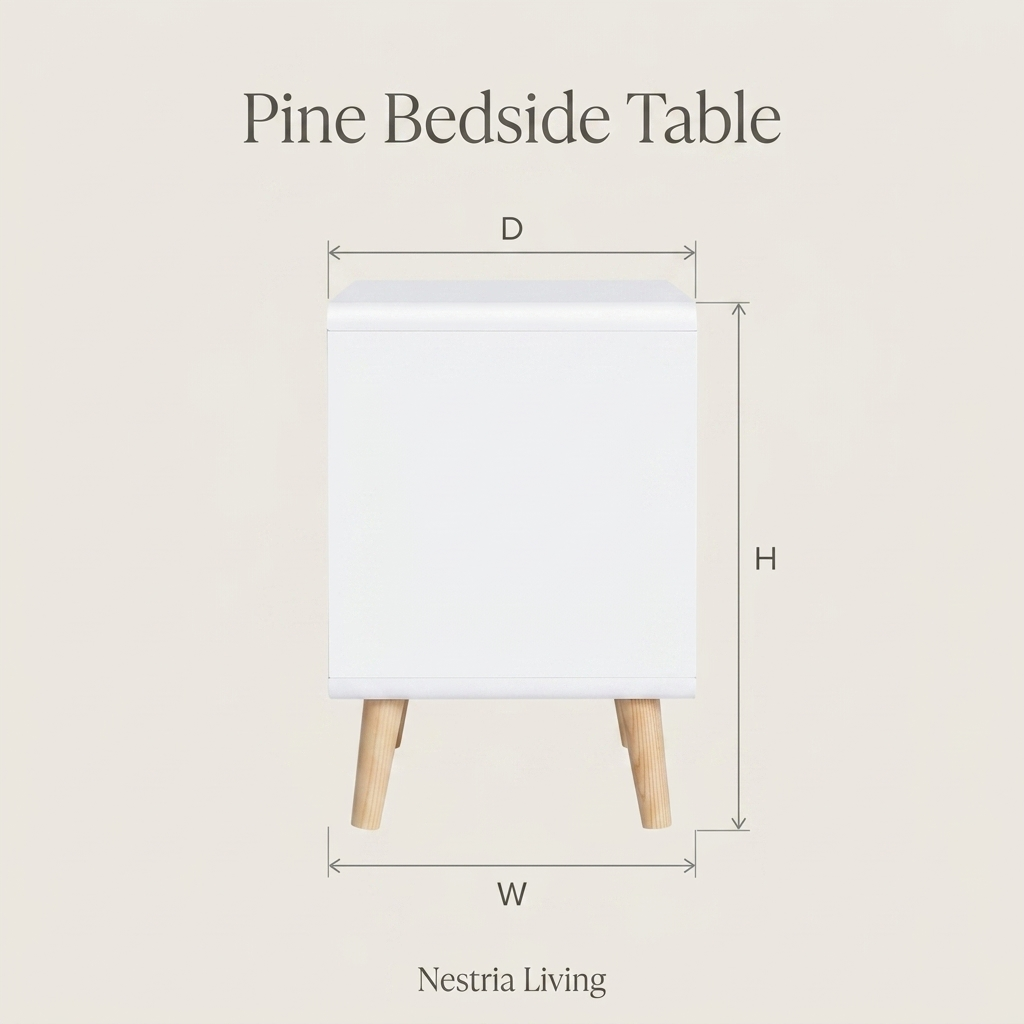 Grey and pine nightstand styled in a bedroom