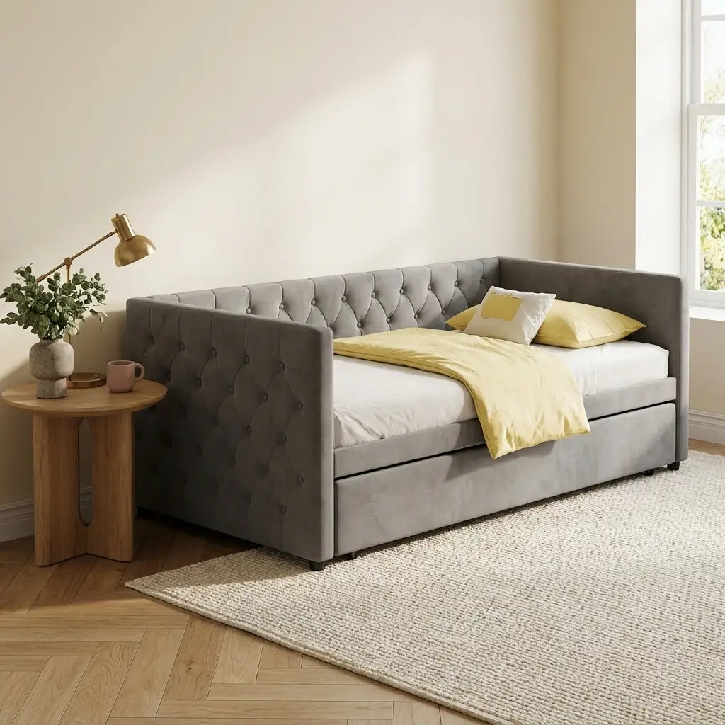 Grey velvet daybed with trundle and charging point in a warm modern British guest room