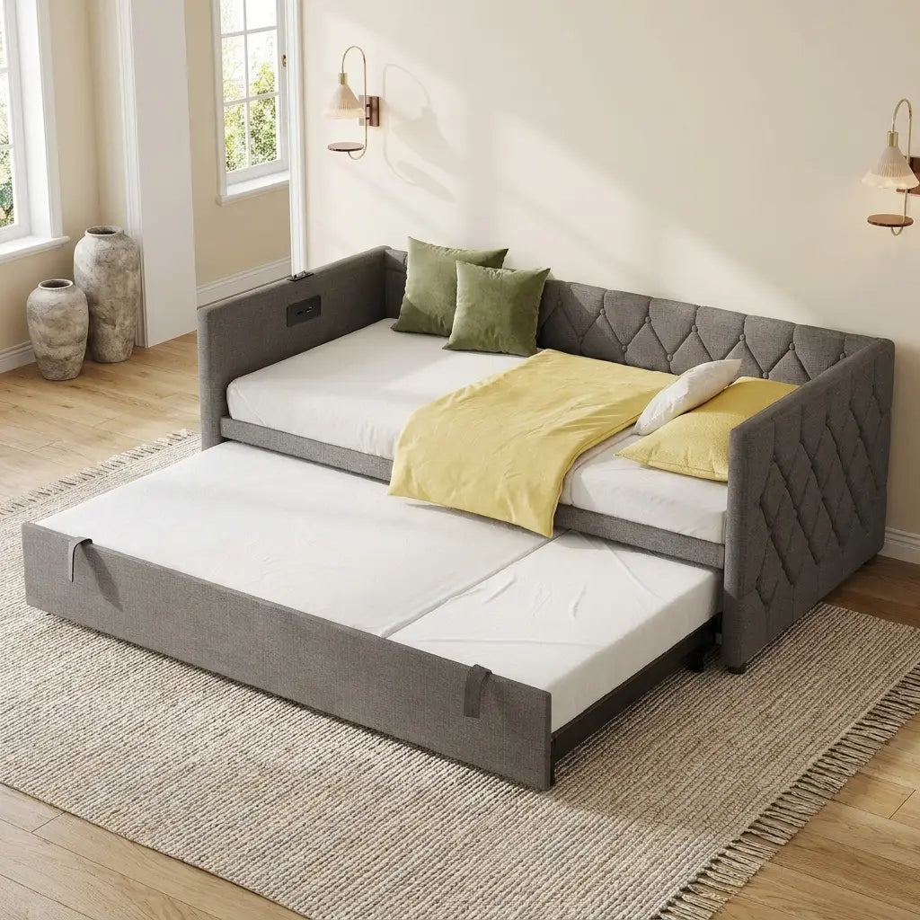 Grey velvet daybed with trundle and charging point styled in a Nest Cream guest room
