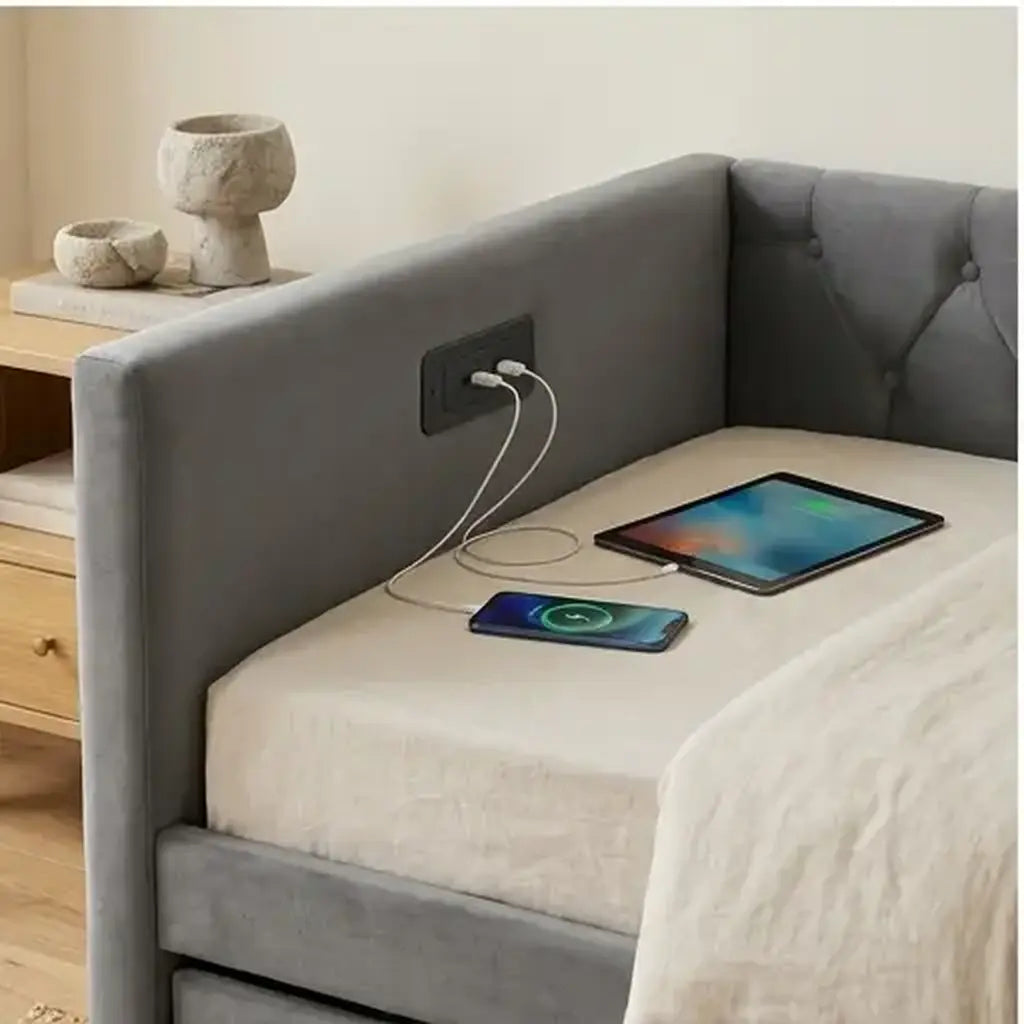 Grey velvet daybed with trundle and charging point close product detail for a guest room