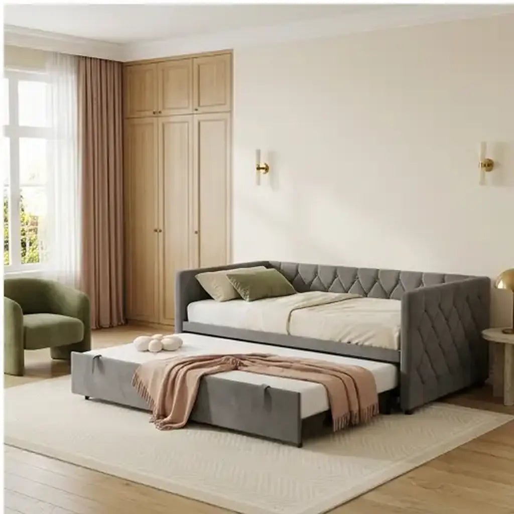 Grey velvet daybed with trundle and charging point premium product hero view in a guest room