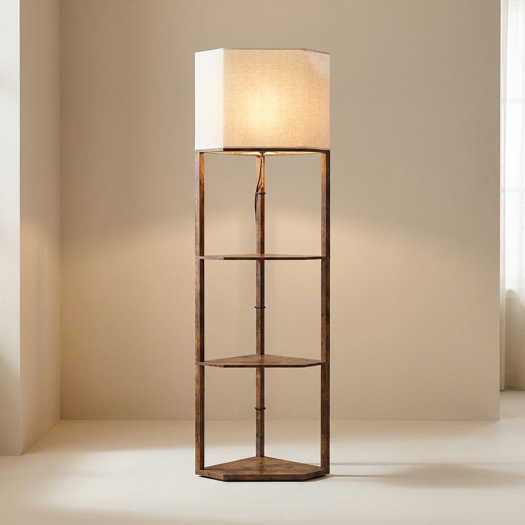 Corner floor lamp and shelving unit shown from an alternate angle