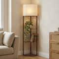 Wood-effect corner floor lamp with three shelves and a fabric shade