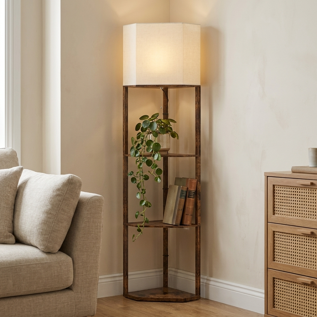 Wood-effect corner floor lamp with three shelves and a fabric shade