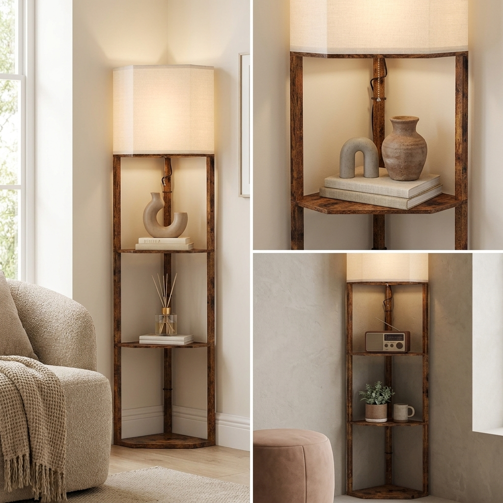 Fabric-shaded corner lamp with slim wood-effect display shelves