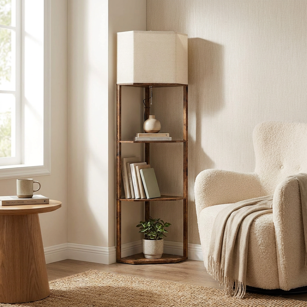 Three-shelf corner floor lamp showing space for books and small decor