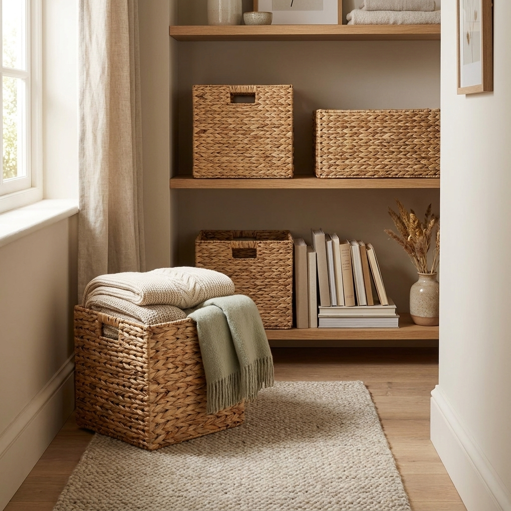 Handwoven water hyacinth baskets showing the natural woven texture