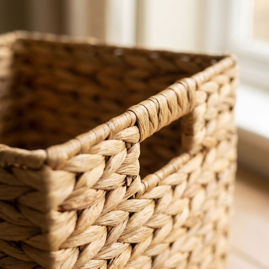 Four foldable woven storage baskets arranged in graduated sizes