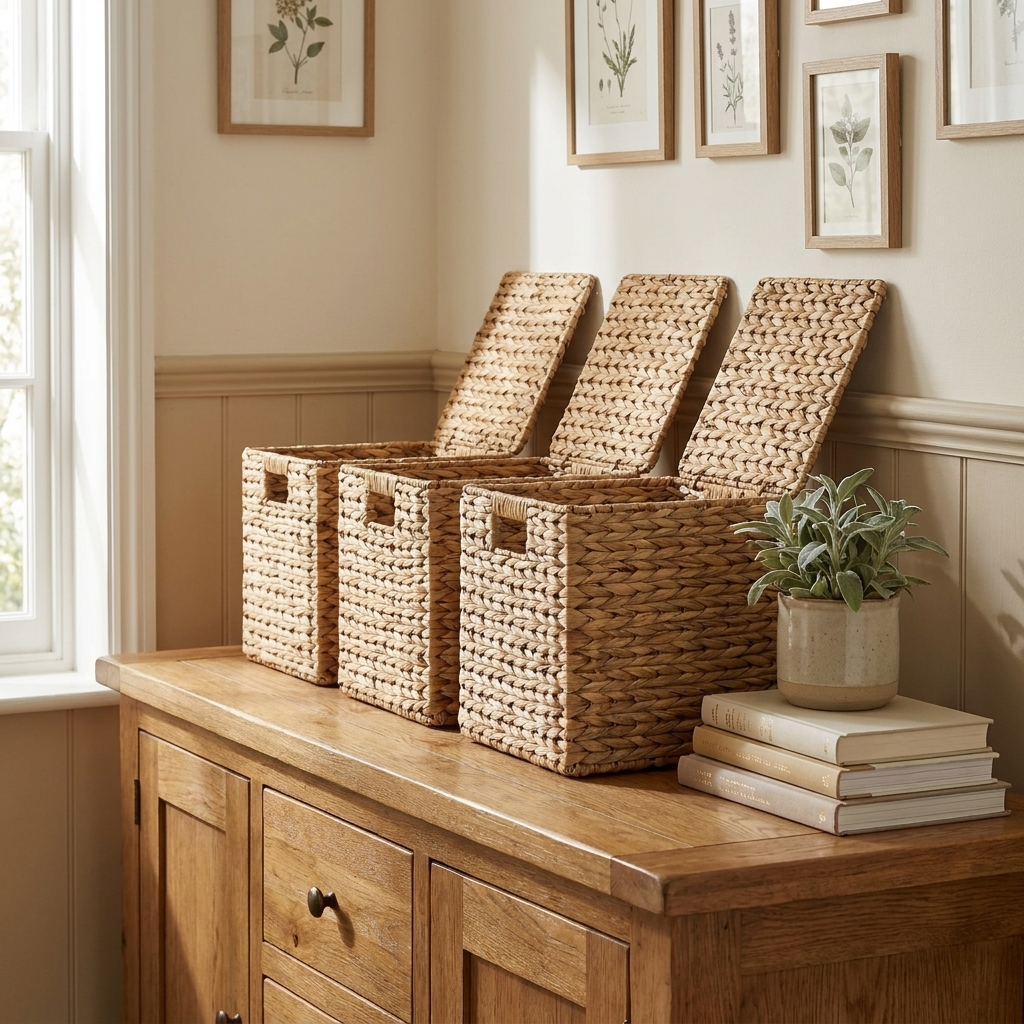 Woven storage baskets used to organise small items in a calm home