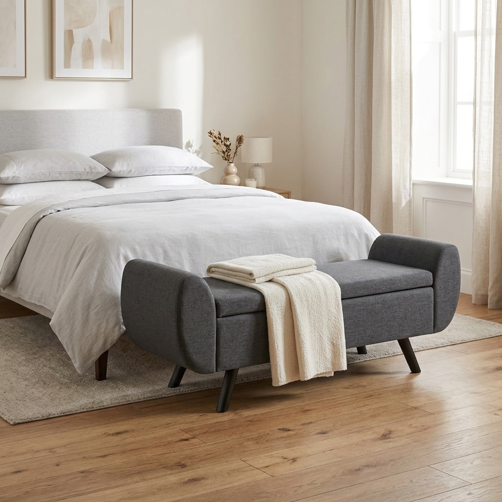 Nestria linen storage bench at the foot of a bed
