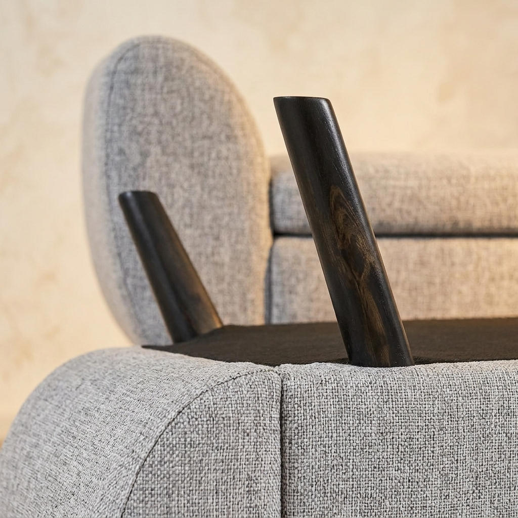 Nestria storage bench linen and rubberwood leg detail