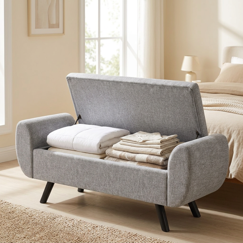 Nestria storage bench with lid lifted showing hidden storage