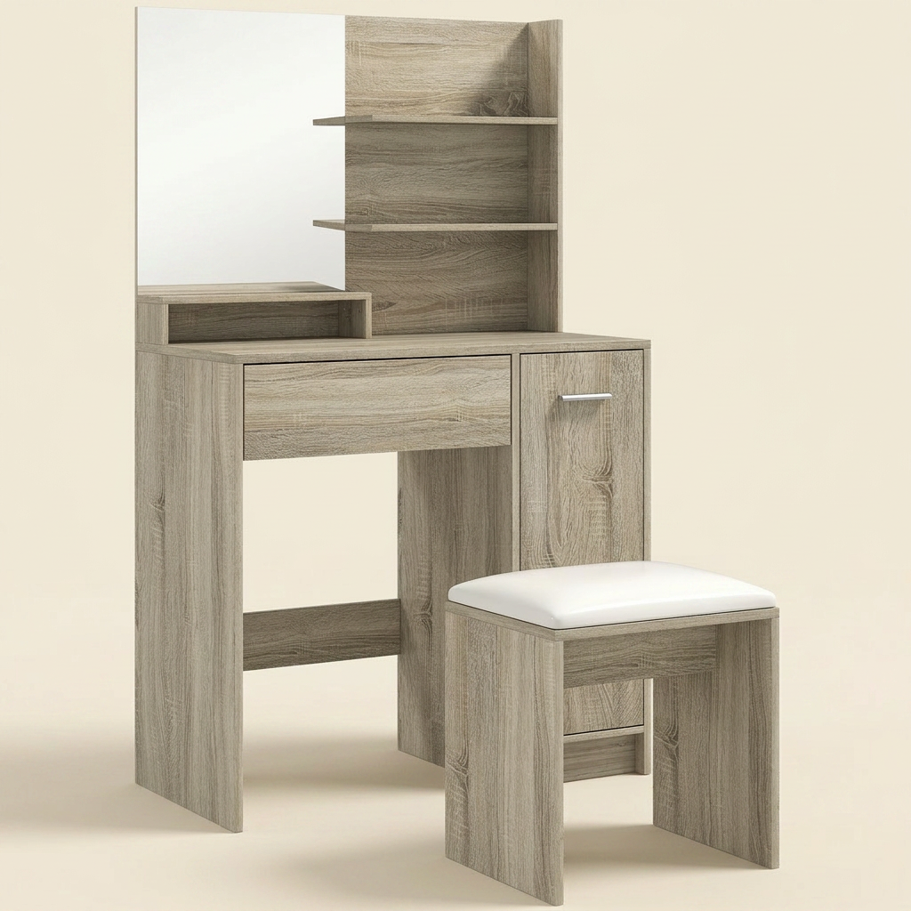 Nestria natural wood dressing table and stool set