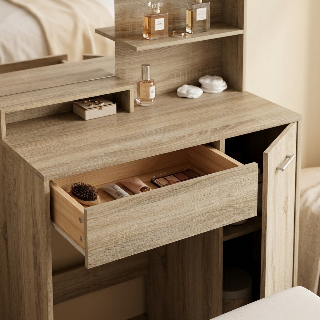 Nestria dressing table drawer and shelves detail