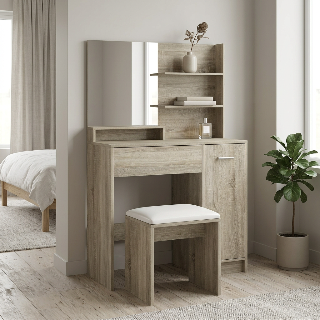 Nestria dressing table padded stool and mirror