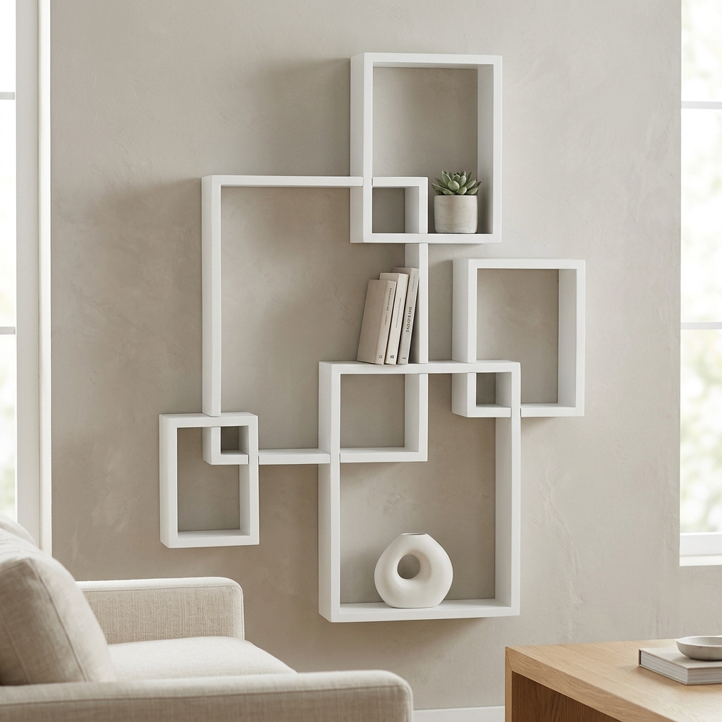 Nestria cube floating shelves styled on a wall