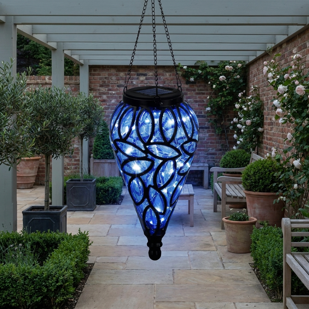 A hanging tealight-style outdoor pendant light with a blue glass shade and black metal frame, suspended over a stone patio in a garden courtyard.