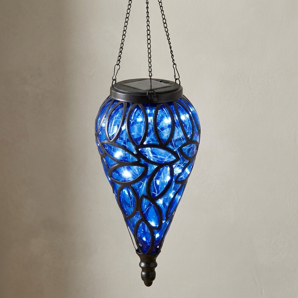 A hanging solar-powered LED lantern with a blue stained-glass style body and black metal frame, suspended by chains against a neutral beige wall.