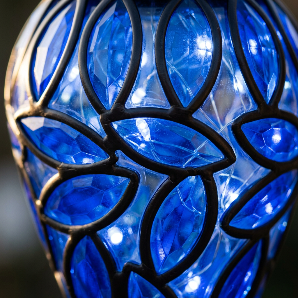 Close-up of a decorative glass shade or lantern featuring a blue stained-glass-like pattern with black metal outlines and bright blue illuminated glass panels.