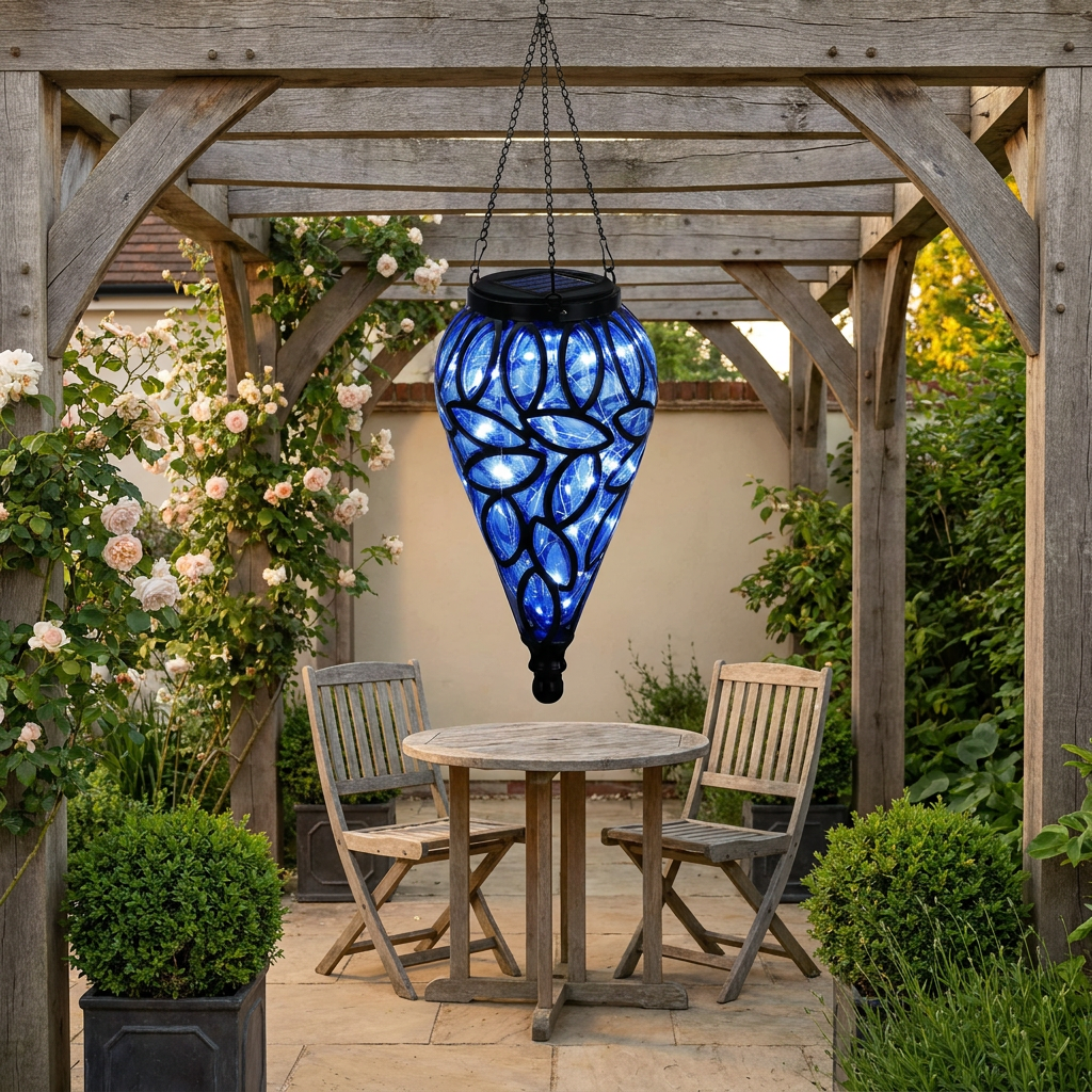 A hanging outdoor pendant light with a blue mosaic stained-glass design, suspended in a wooden garden patio setting with a table and chairs.