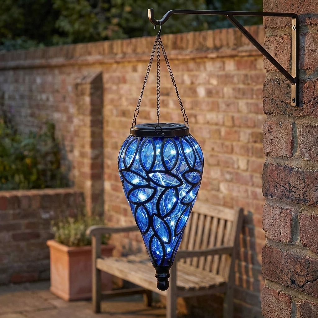 A blue glass hanging lantern with a leaf pattern is suspended from a black metal bracket attached to a brick wall in an outdoor patio setting.