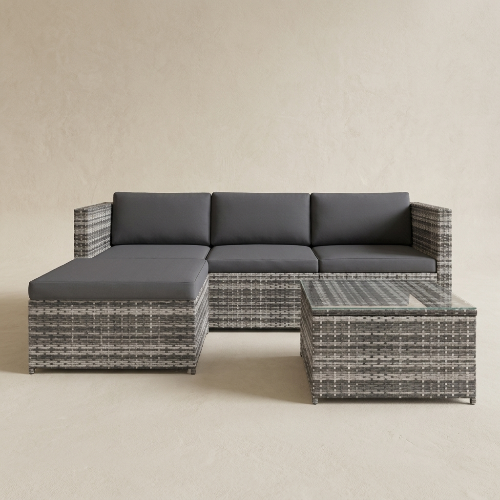 Rattan Garden Corner Sofa | 3 Piece Patio Set with Stool & Table, Grey