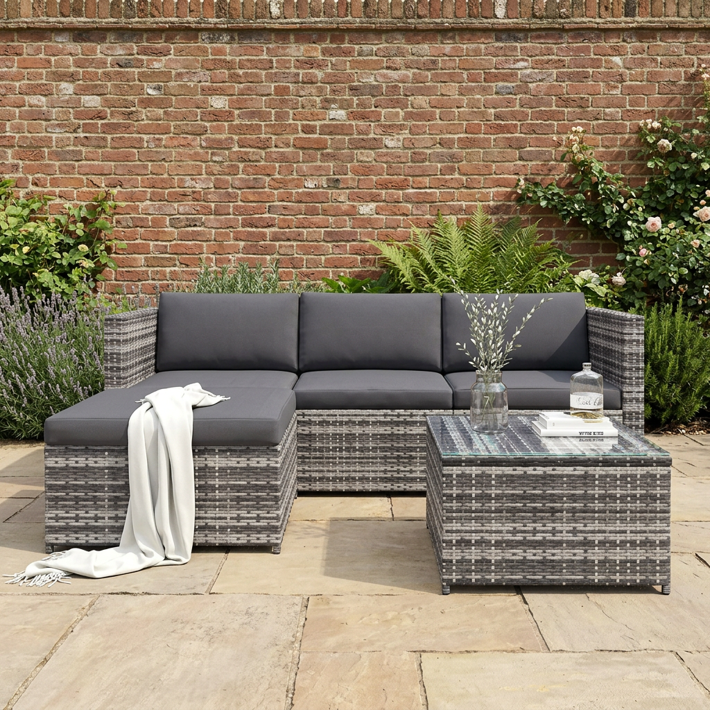 Rattan Garden Corner Sofa | 3 Piece Patio Set with Stool & Table, Grey