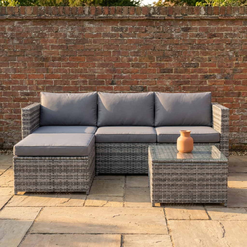 Rattan Garden Corner Sofa | 3 Piece Patio Set with Stool & Table, Grey