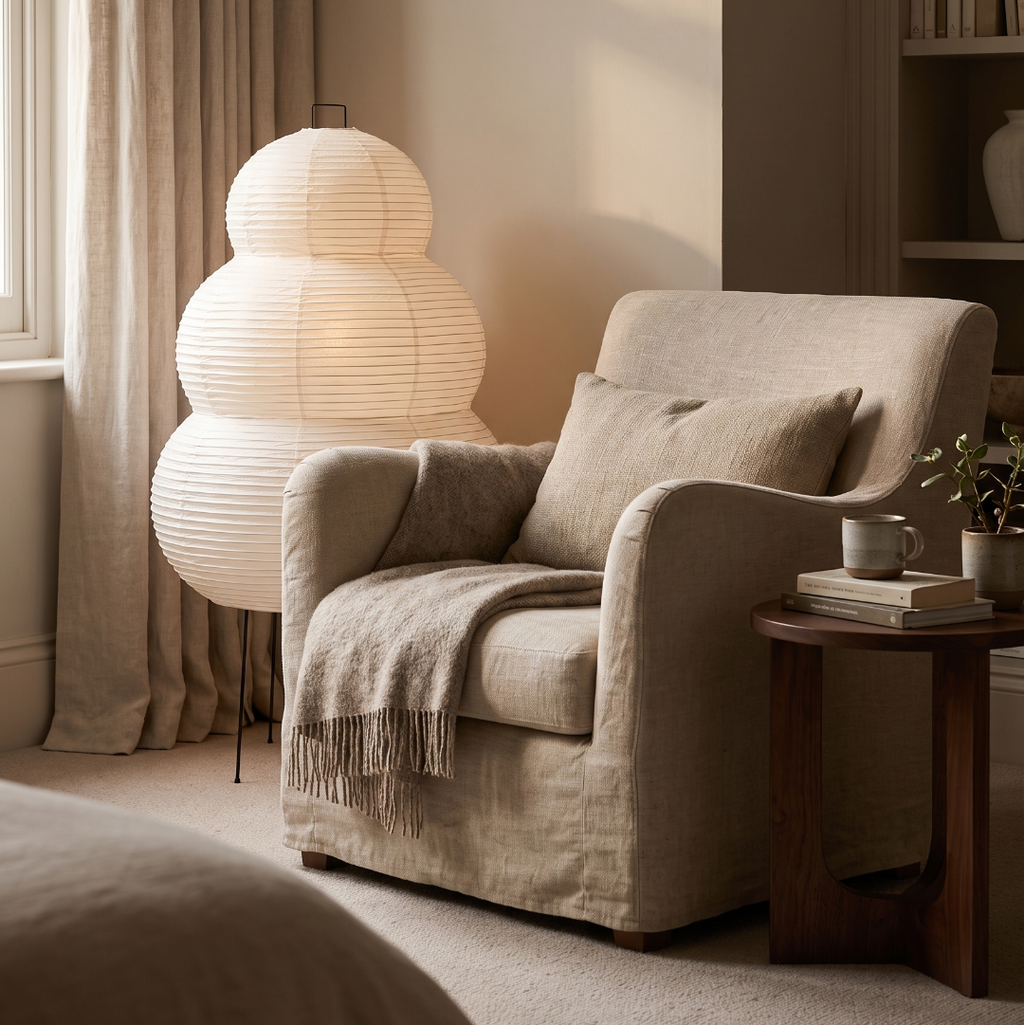 Rice paper floor lamp in a reading corner beside an armchair