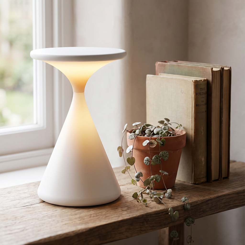 Rechargeable table lamp on a wooden shelf with a trailing plant