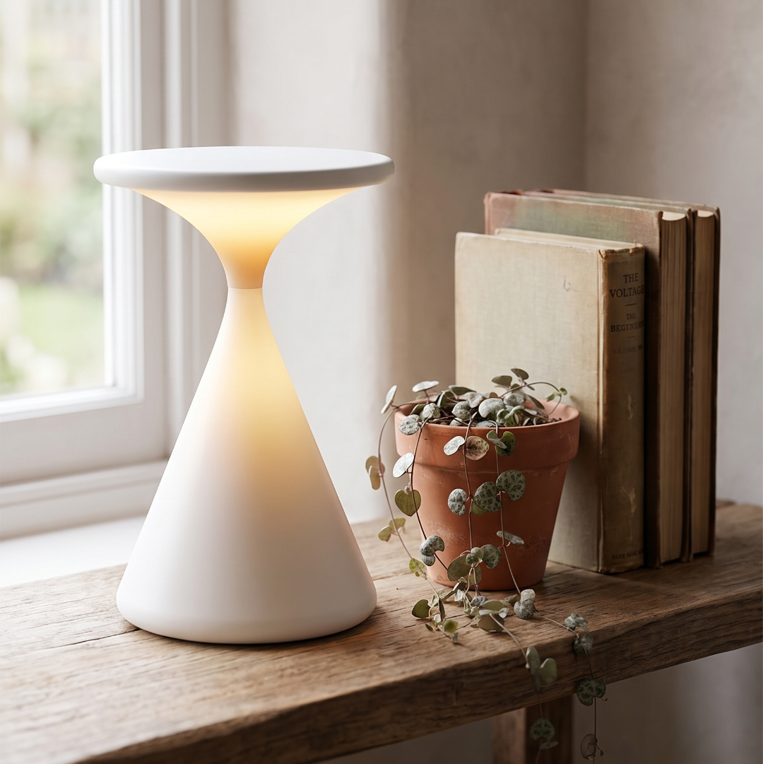 Rechargeable table lamp on a wooden shelf with a trailing plant