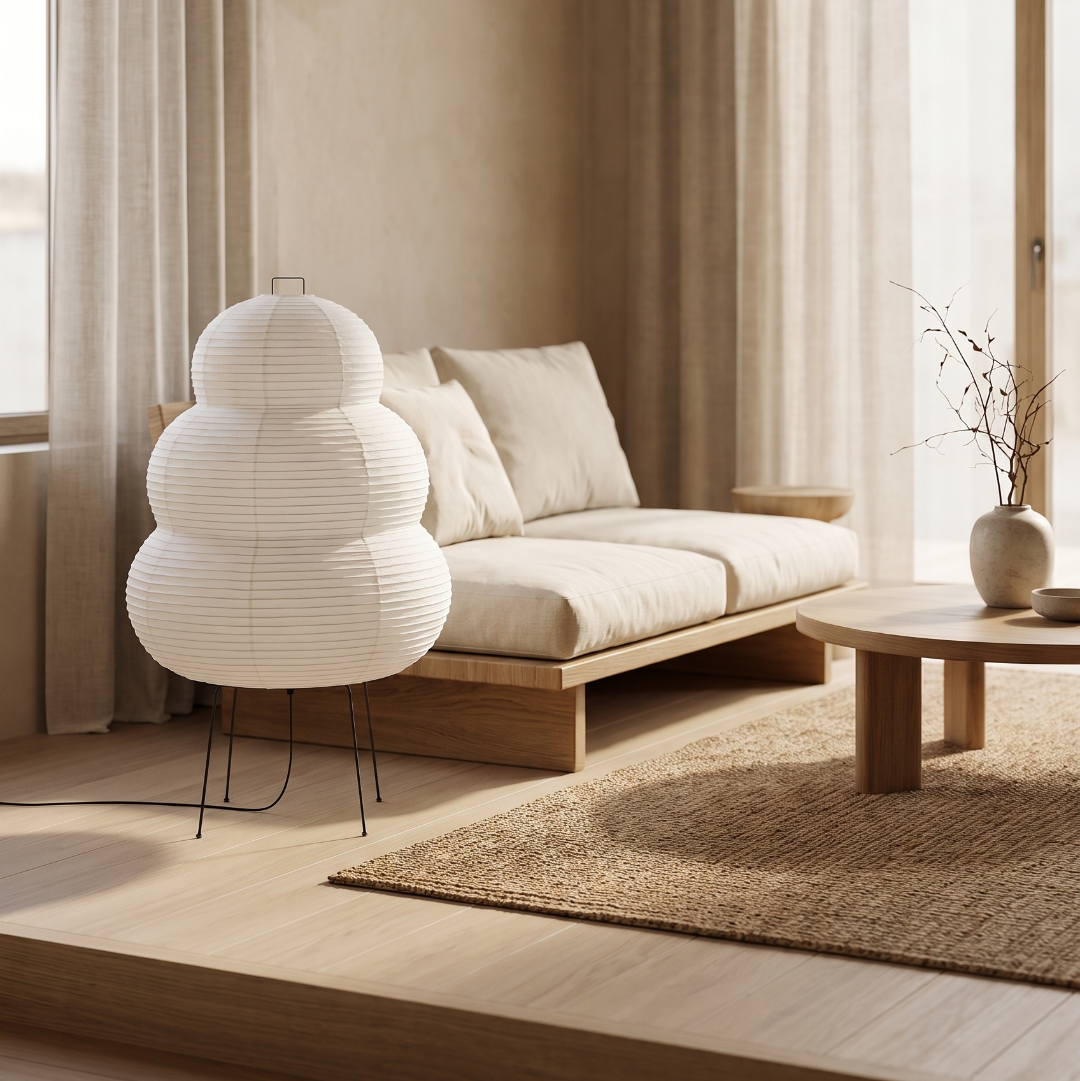 Rice paper floor lamp in a minimalist Japandi lounge