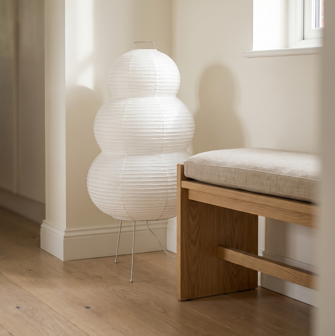 Rice paper floor lamp in a calm hallway corner