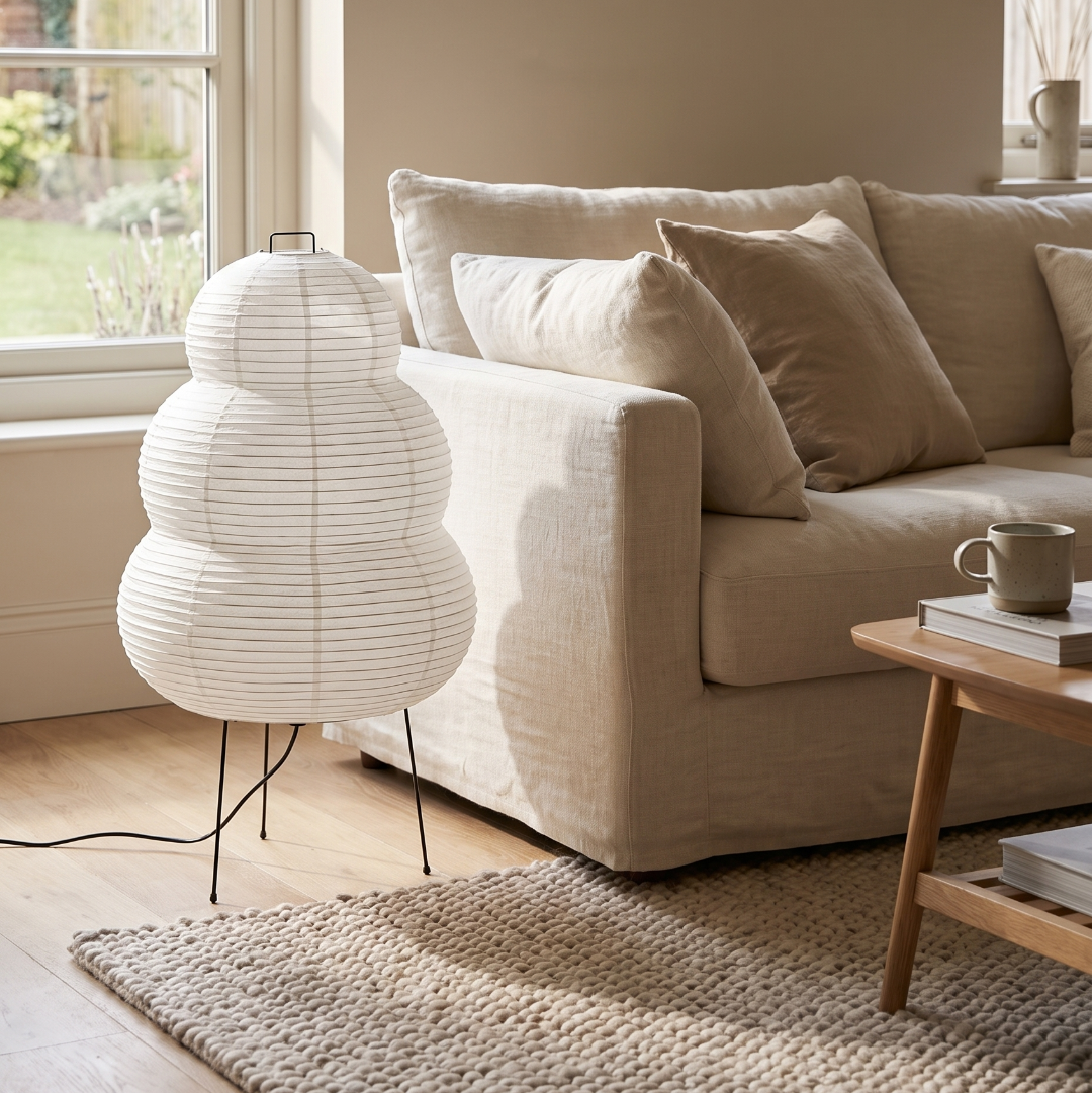 Rice paper floor lamp beside a linen sofa in a calm living room