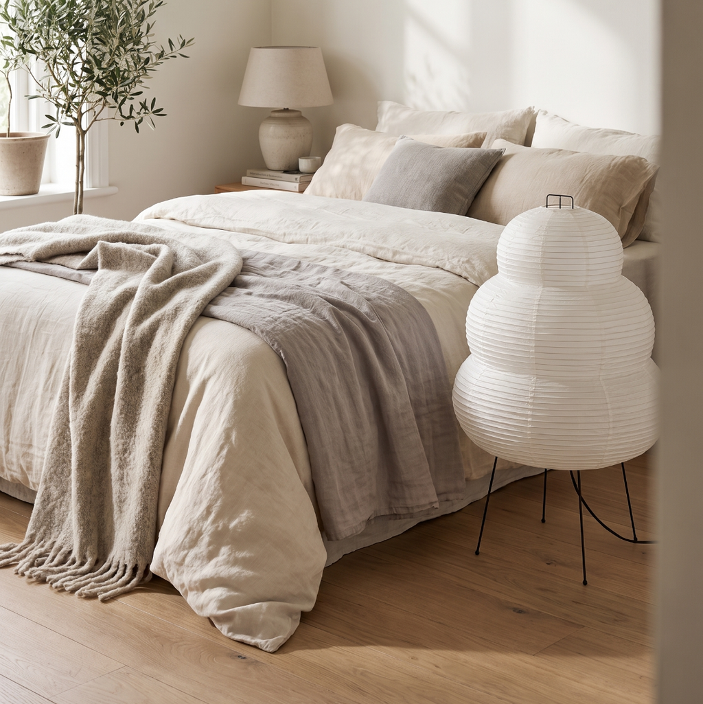 Rice paper floor lamp in a calm bedroom corner