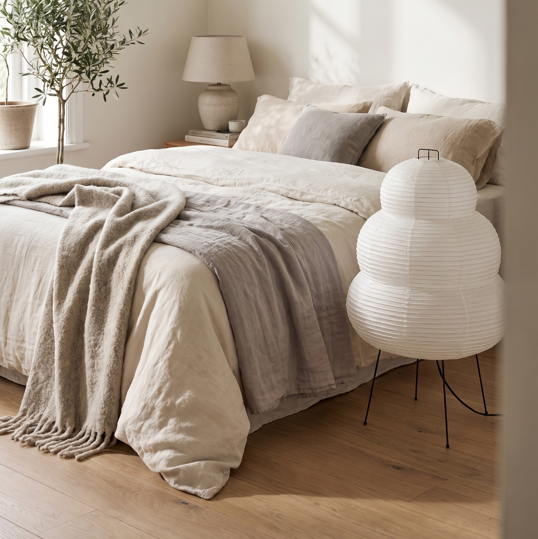 Rice paper floor lamp in a calm bedroom corner