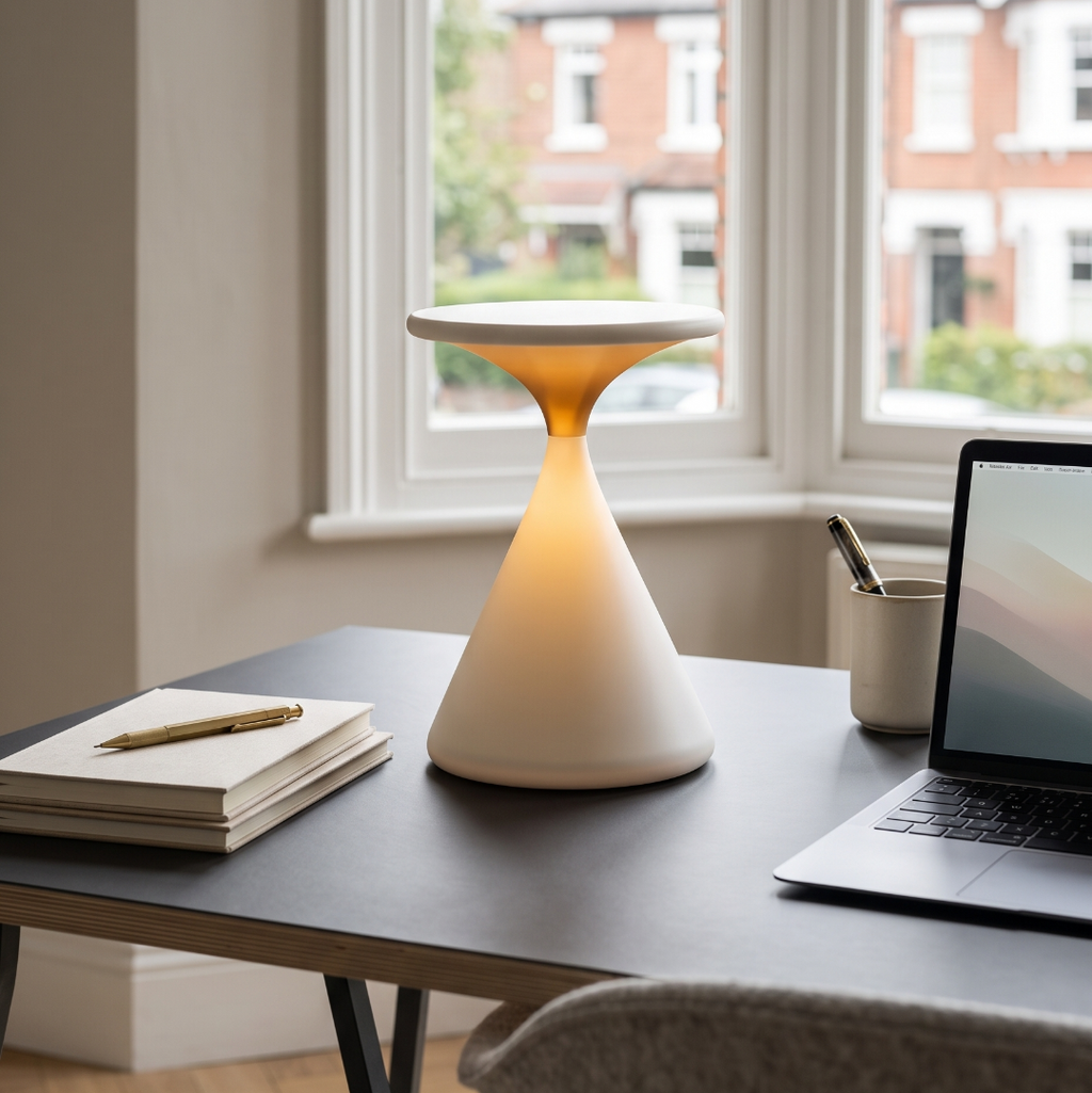 Rechargeable table lamp on a minimalist home-office desk