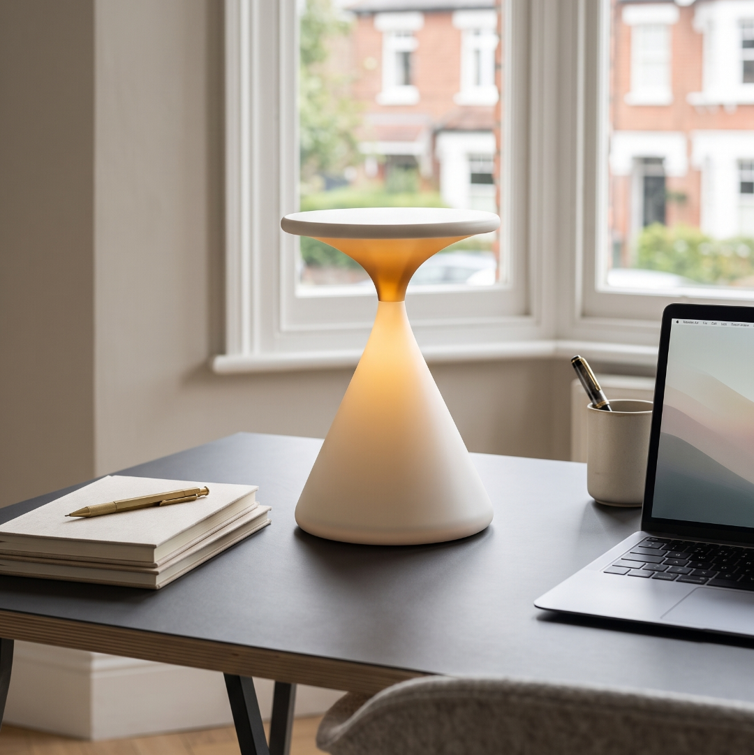 Rechargeable table lamp on a minimalist home-office desk