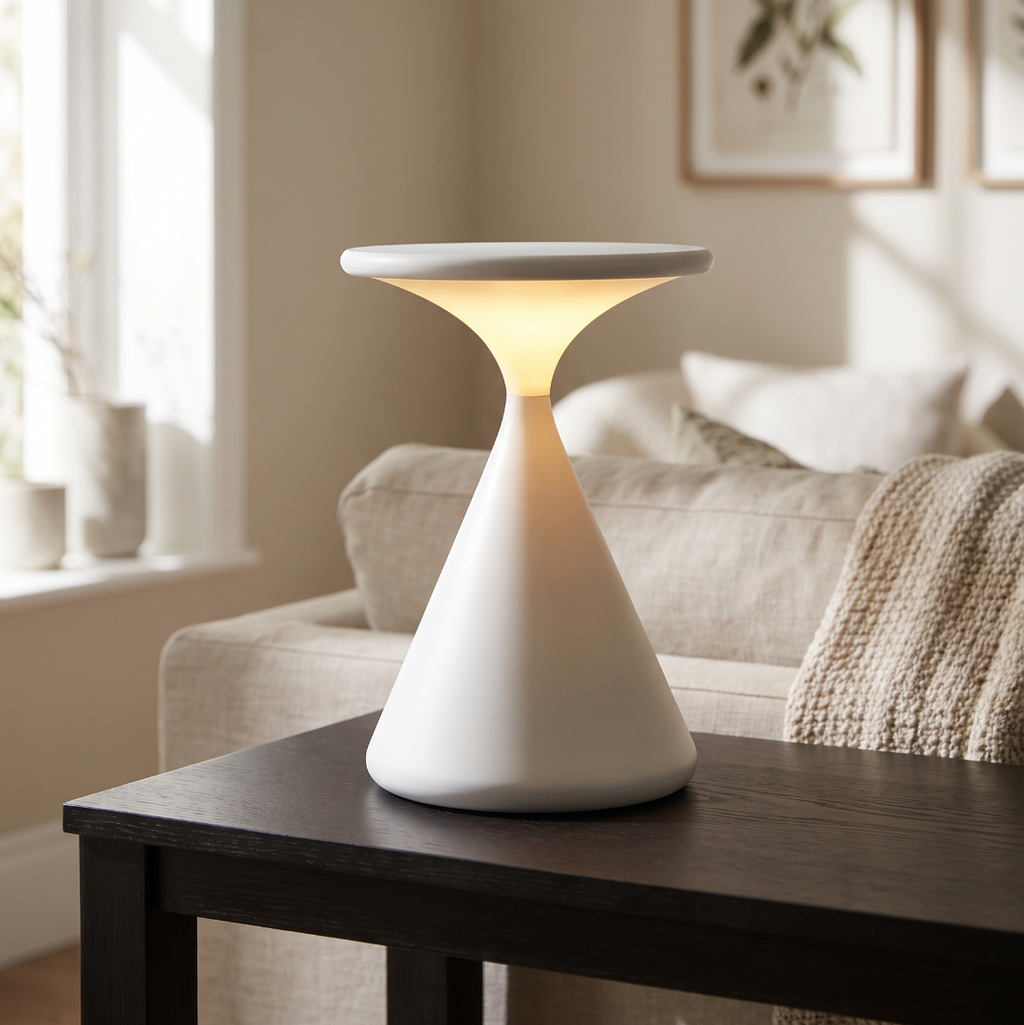 Cordless rechargeable table lamp on a living room console