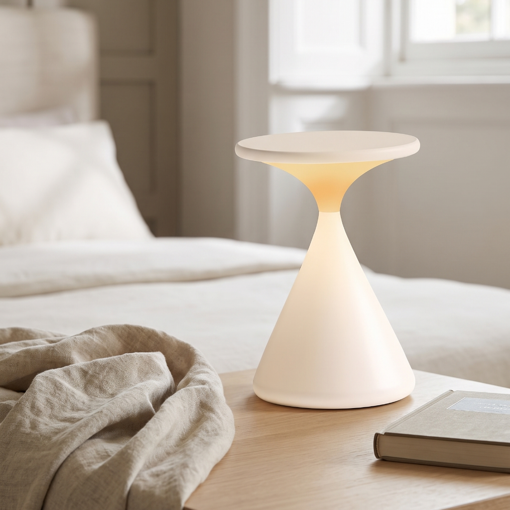 Cordless hourglass table lamp on a bedside table in a calm bedroom