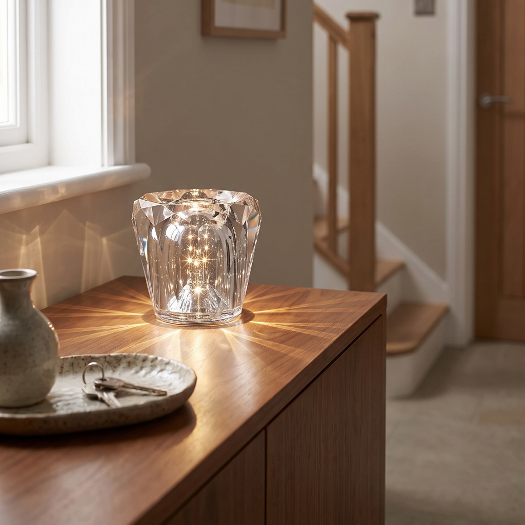 Crystal table lamp on a hallway console