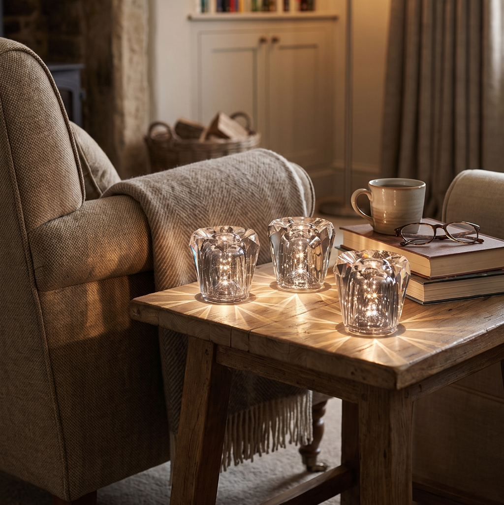 Crystal table lamp on a side table in a reading corner