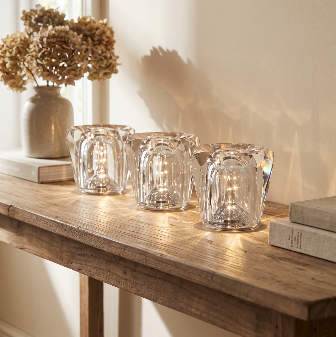 Cordless crystal table lamp on a living room console