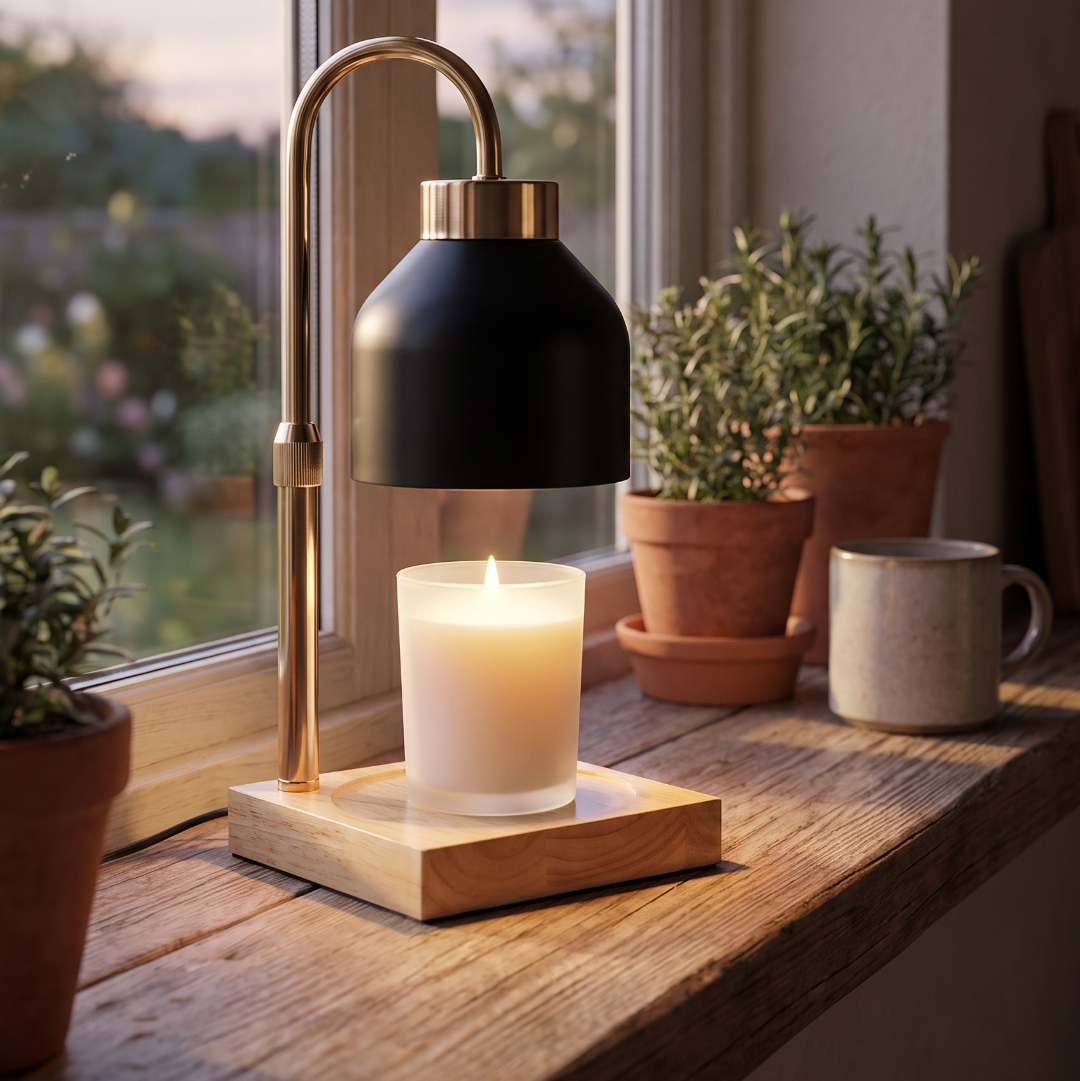 Wax melt warmer lamp on a windowsill with soft evening light
