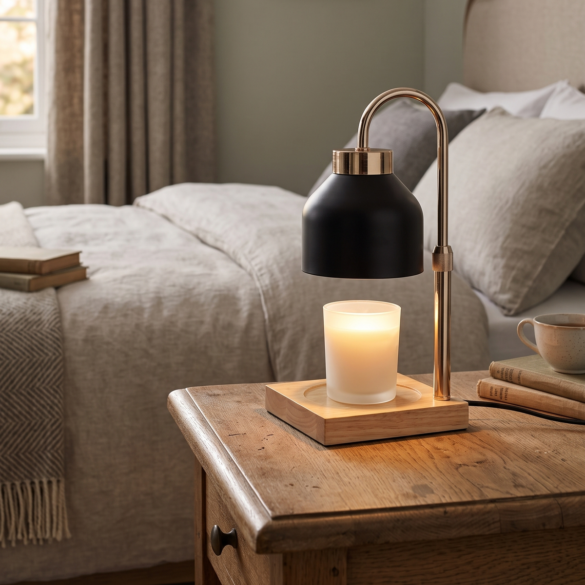 Wax melt warmer lamp on a bedroom nightstand