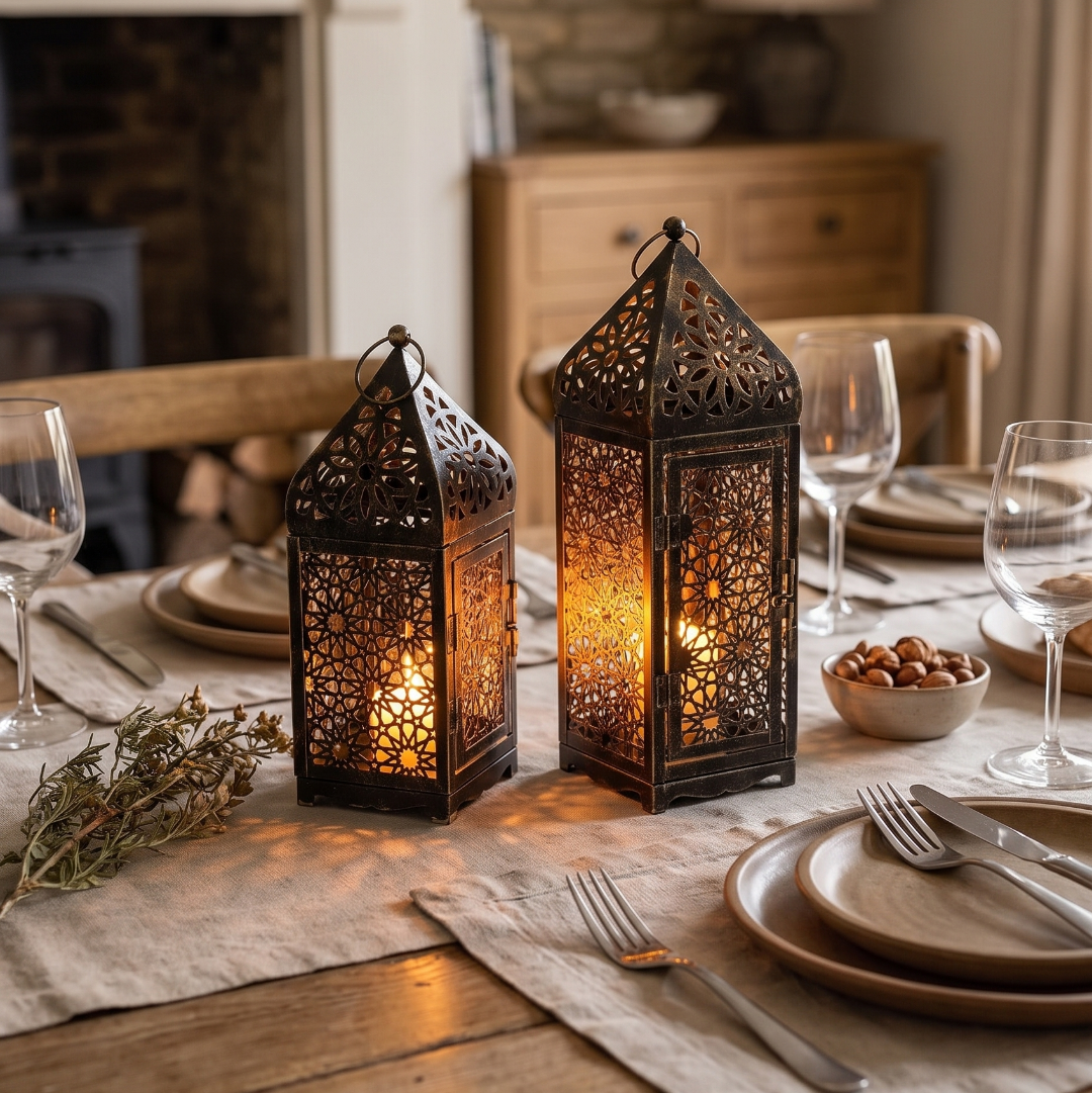 Metal lantern candle holder on a dining table