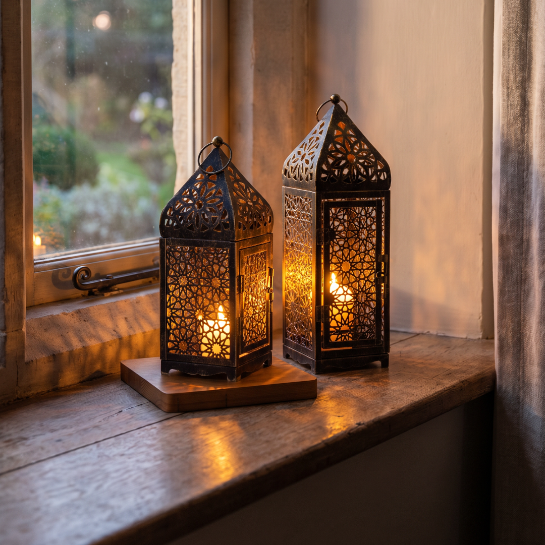 Lantern candle holder on a windowsill with soft evening light