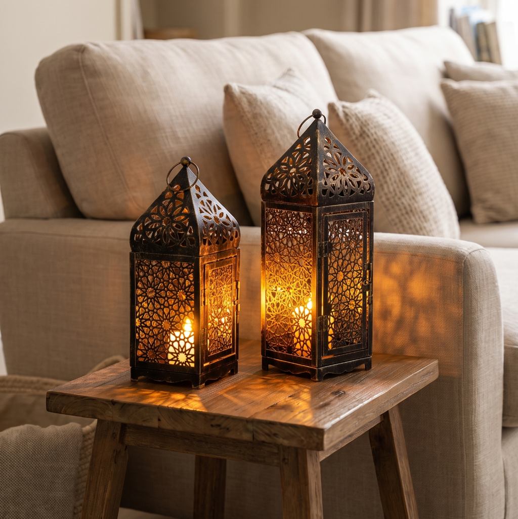 Lantern candle holder on a side table beside a linen sofa