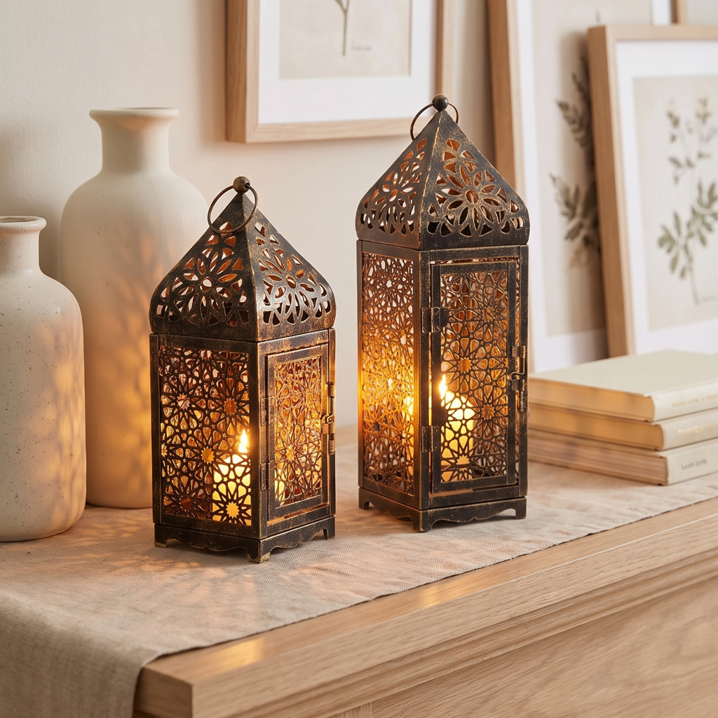 Lantern candle holder on a mantel with soft decor